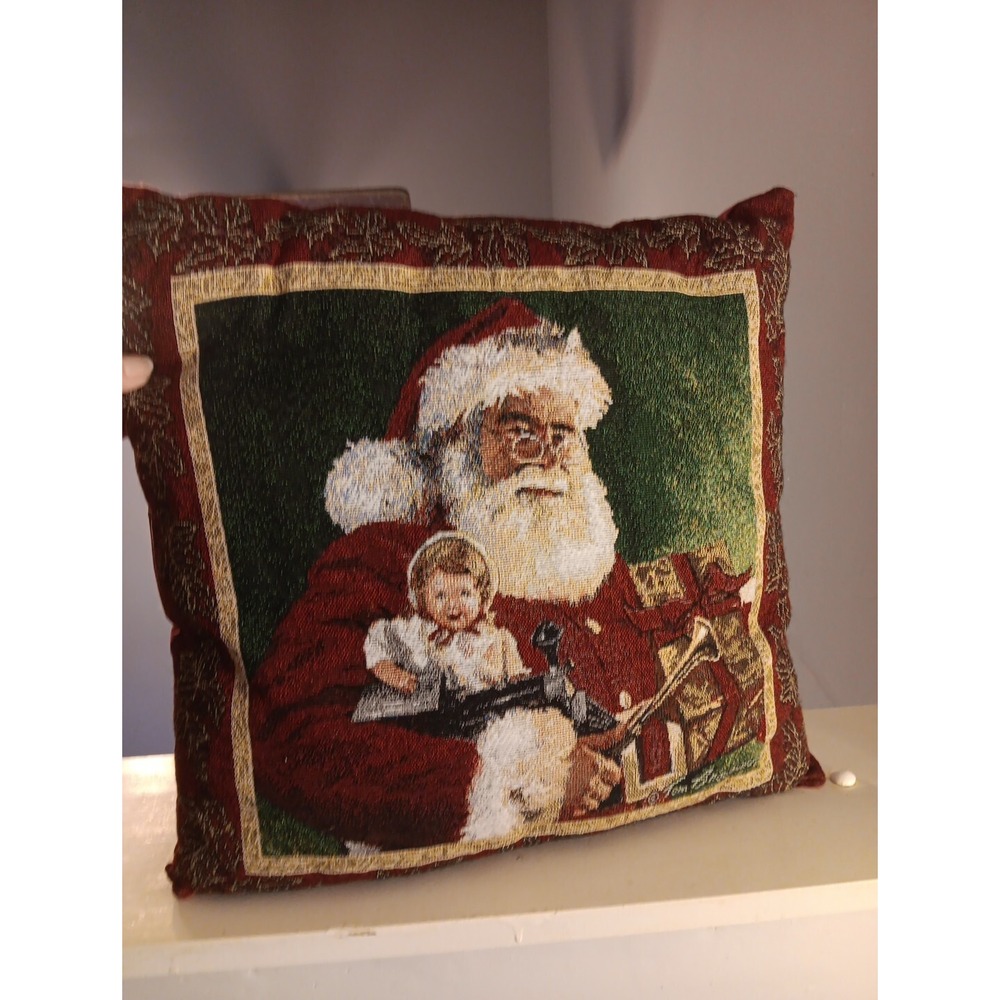 Vintage Needlepoint Throw Pillow Maroon Christmas Holiday Accent Tapestry 16×16